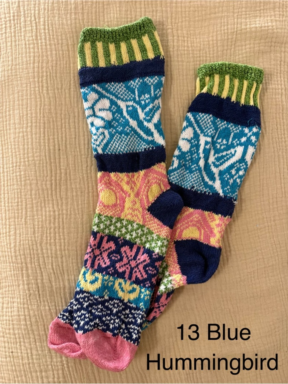 Solmate Socks Blue Hummingbird Patterned Crew Socks with Pink and Green Accents